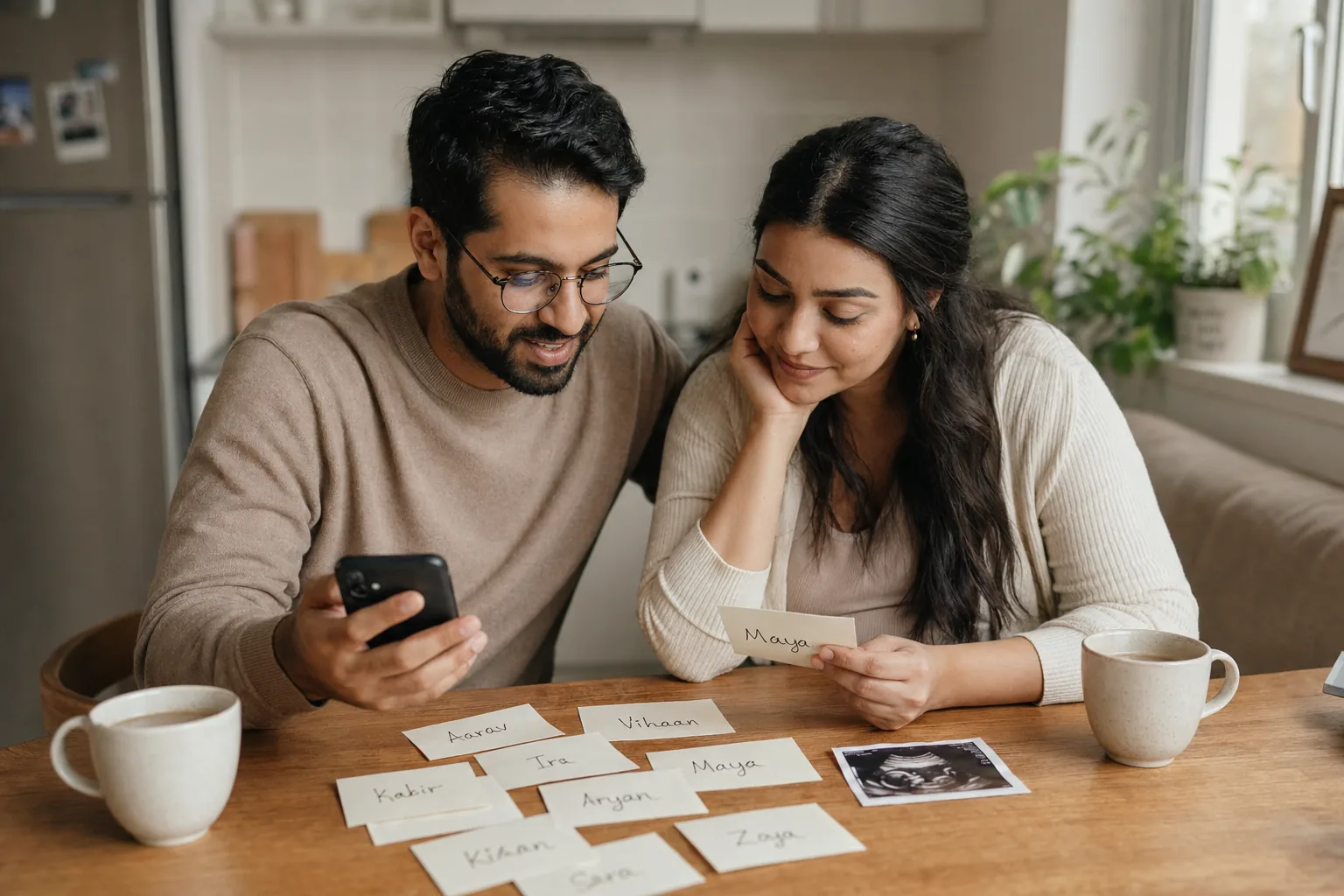 Expectant parents comparing baby names together at a kitchen table.